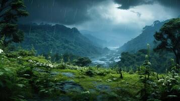 A lush green valley with a river flowing through it, under a stormy sky with heavy rain. photo