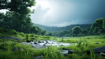 A lush green forest with a stream running through it during a rainy day.  The rain falls heavily from a cloudy sky. photo
