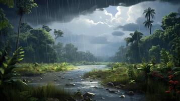 A lush green jungle with a river in the foreground, heavy rain falling and sun shining through the clouds. photo