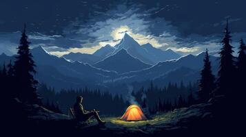 A man sits by a campfire under a starry night sky with a mountain range in the background and a tent glowing nearby. photo