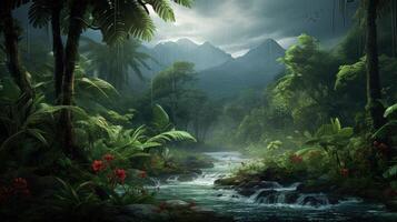 A lush tropical jungle with a river flowing through it, with mountains in the background. photo