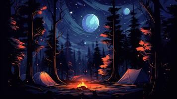 A magical forest campsite under a starry sky with two tents and a roaring fire. photo