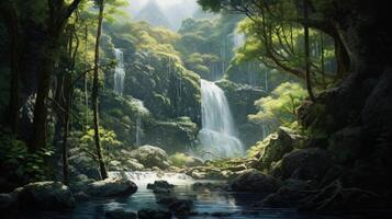 A lush, green jungle scene with a cascading waterfall, surrounded by large rocks and trees. The water flows into a peaceful pool, creating a serene and tranquil atmosphere. photo