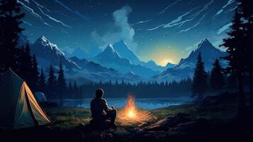 A man sits by a campfire in the wilderness, watching the sunset over the mountains. photo