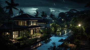 A luxury home in a tropical setting is bathed in the warm light of a stormy night. photo