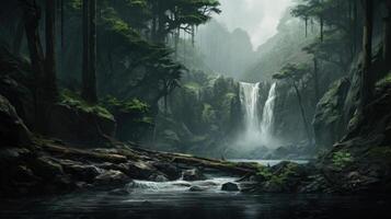 A misty forest with a waterfall cascading down a cliff face, flowing into a stream. photo