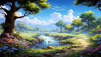 A magical forest path leads to a tranquil waterfall cascading into a clear blue pond, surrounded by lush greenery and vibrant wildflowers. photo