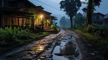 A misty morning path through a village, with wooden houses and a reflecting puddle in the foreground. photo