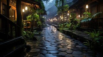 A misty, cobblestone path lined with traditional houses in a tropical environment. photo