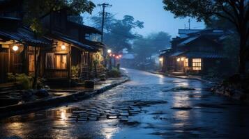 A misty, lamp-lit street in a small town with traditional wooden houses, cobblestone road, and reflections in puddles. photo