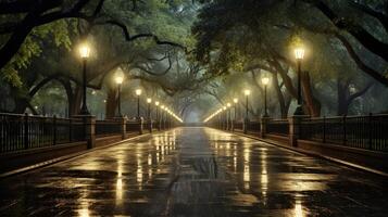 A misty, rain-soaked street lined with trees and illuminated by glowing lampposts, leading to a distant horizon. photo