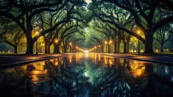 A misty, tree-lined path with streetlights reflecting in a puddle. photo