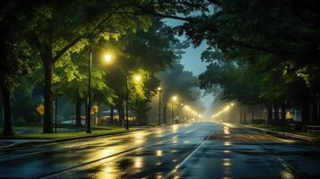 A misty, nighttime street lined with trees and glowing streetlights after rain. photo