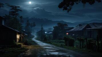 A moonlit path through a dark forest leads to a village of small, wooden houses. photo