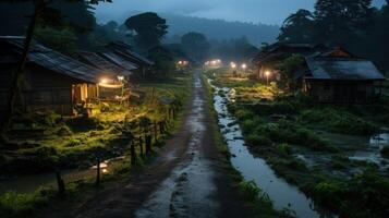 A muddy path lined with rustic houses, lit by warm streetlights, winds through a lush green landscape with a small stream. photo