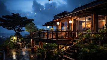 A modern wooden home with a balcony overlooking a city at night. photo