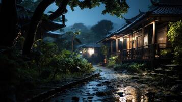 A narrow pathway lined with stone steps and a trickling stream, leading towards a traditional Asian house under a dark, rainy sky. photo