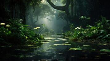 A mystical, sunlit path through a dense jungle leads to a tranquil pond. photo
