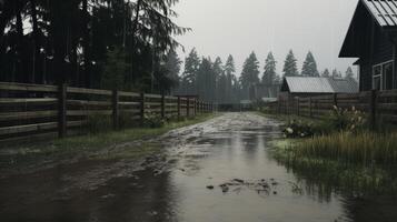 A muddy path in the rain with a wooden fence and houses in the background. photo
