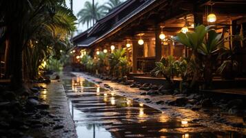 A narrow pathway lined with rocks and lit by warm string lights runs through a lush tropical garden. The pathway is wet from recent rain, and the reflections of the lights create a shimmering, inviting atmosphere. photo