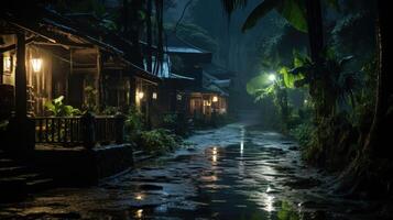 A narrow, wet path illuminated by lamps in a dark jungle setting. photo