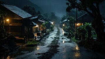 A narrow, wet street lined with rustic houses in a rainforest village. The street is illuminated by the soft glow of lanterns, and the air is filled with the sound of falling rain. photo