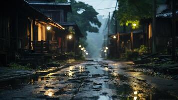 A narrow, wet, and dimly lit street with wooden buildings on both sides lined with yellow lights. photo