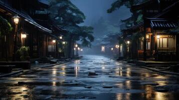 A narrow, wet street lined with traditional Asian buildings, lit by warm lanterns under a dark, foggy sky. photo