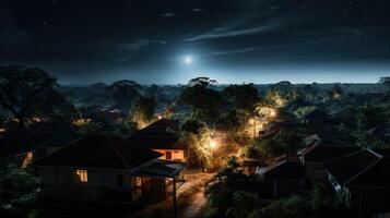 A peaceful village bathed in moonlight with bright windows lighting up the houses at night. photo