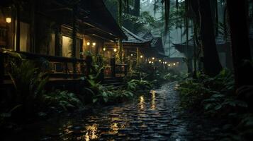 A pathway through a dark forest, lit by lanterns, leading to small cottages. photo