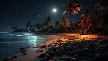A peaceful tropical beach scene at night with palm trees, a bright moon, and a starry sky. photo
