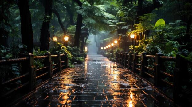 A pathway through a lush forest with rain falling, lit by warm lamp posts. photo