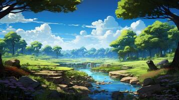 A peaceful, green forest landscape with a small river flowing through it and a waterfall in the distance. The sky is blue and clear, with a few white clouds. photo
