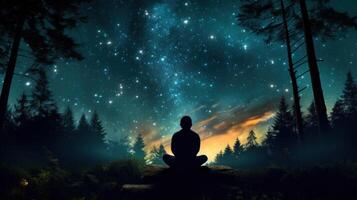 A person sits on a log in a forest, looking up at the night sky full of stars. photo