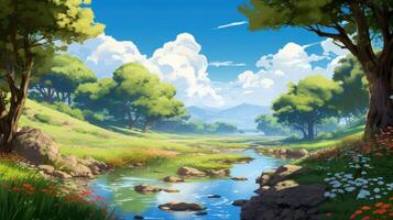 A picturesque scene of a calm river winding through a lush green valley under a blue sky with fluffy white clouds, with green trees lining the riverbank and a mountain range in the distance. photo