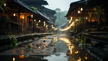A picturesque view of a narrow canal illuminated by string lights in a village at dusk. The reflection of the lights in the water creates a magical atmosphere. photo
