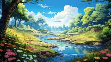 A picturesque summer scene featuring a winding river flowing through a lush green forest, with vibrant wildflowers blooming along the banks under a clear blue sky dotted with fluffy clouds. photo
