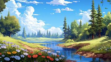 A picturesque landscape with a river flowing through a lush green forest. Blue sky, fluffy clouds, and colorful wildflowers add to the beauty. photo