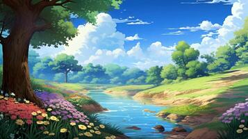 A picturesque river flows through a lush green meadow, framed by towering trees and a bright blue sky dotted with fluffy white clouds.  Wildflowers in vibrant hues line the riverbank, creating a breathtaking natural scene. photo