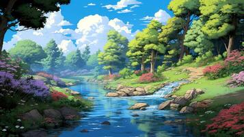 A picturesque scene of a tranquil river flowing through a lush forest, with a small waterfall and vibrant wildflowers. photo