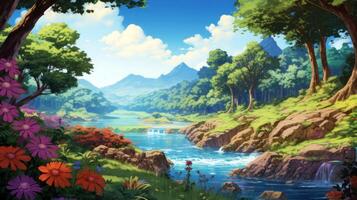 A picturesque view of a river flowing through a lush green valley with mountains in the background. photo