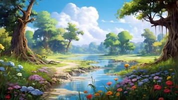 A picturesque view of a winding river flowing through a lush, green forest with colorful wildflowers along the banks and a blue sky with fluffy clouds. photo