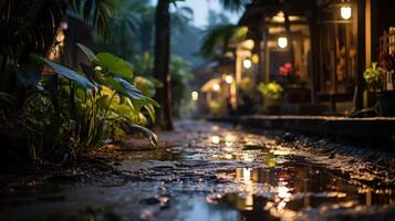 A puddle reflects the warm lights of buildings in a tropical alley. photo