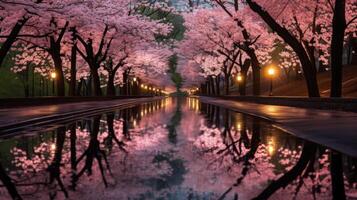 A picturesque walkway lined with cherry blossom trees in full bloom at dusk, reflected in a calm pond, creating a surreal, enchanting scene. photo