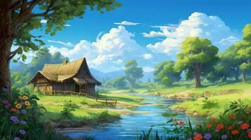 A quaint cabin with a thatched roof sits by a winding river in a lush, verdant valley under a bright blue sky with fluffy white clouds. photo