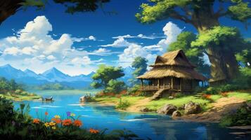 A quaint cottage with a thatched roof sits by a calm lake, surrounded by lush greenery and mountains in the distance. photo