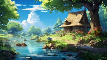 A quaint cottage nestled amidst lush greenery, with a winding river flowing through the picturesque landscape, creating a tranquil and idyllic setting. photo