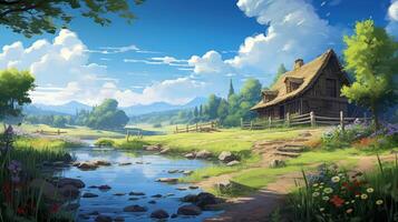A quaint cottage with a thatched roof sits on a grassy hillside next to a winding stream. The surrounding landscape is lush and green, with a forest in the background and mountains in the distance. The sky is blue and cloudy, suggesting a pleasant summer photo