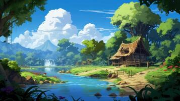 A quaint wooden cabin with a thatched roof sits beside a blue river winding through lush green forest under a bright blue sky with fluffy white clouds. photo
