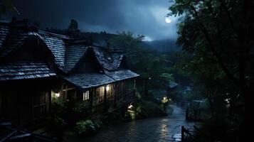 A quaint wooden house sits nestled in a lush forest, illuminated by a bright moon shining through the rain. photo